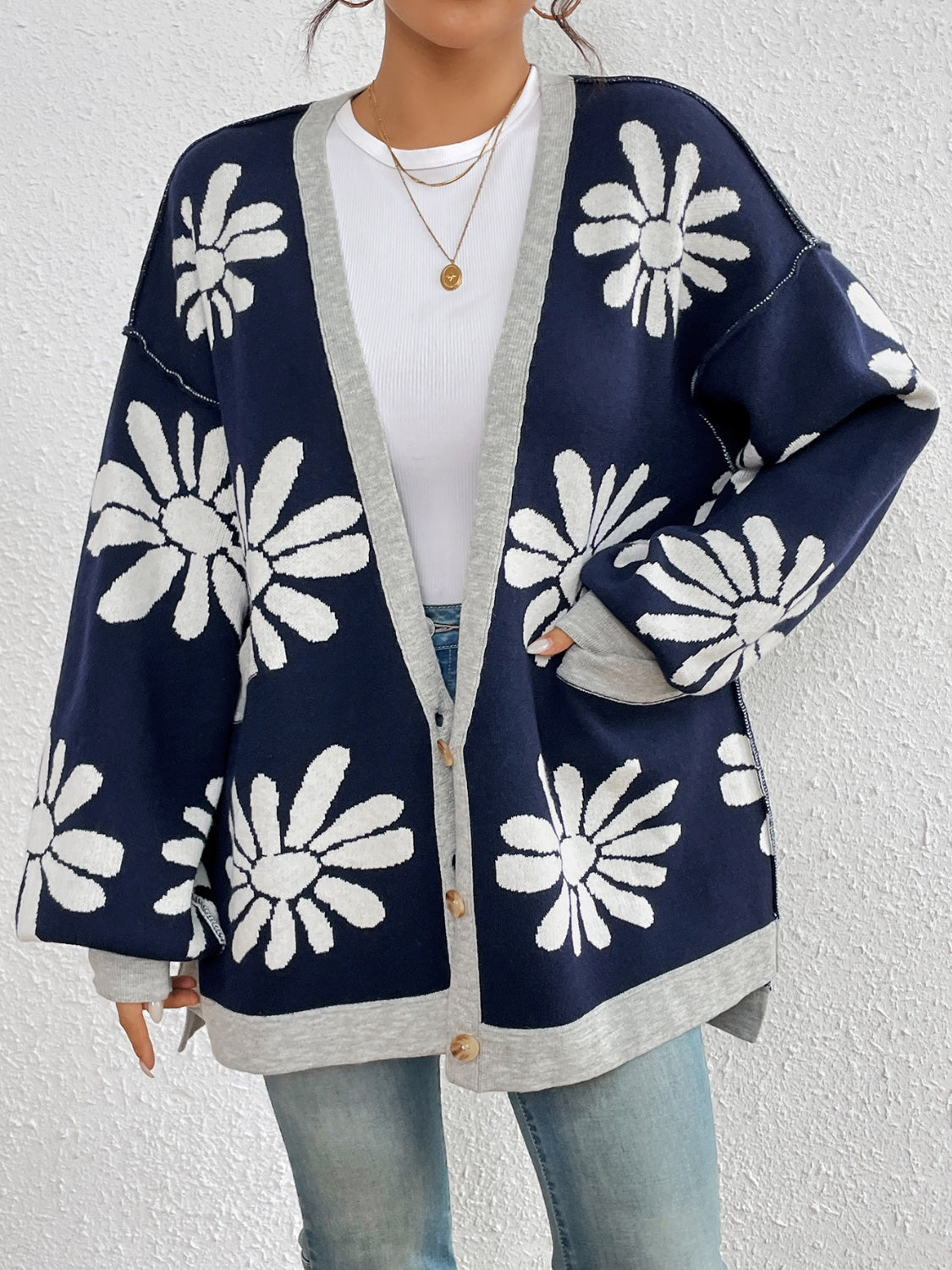 Maataji Contrast Dropped Shoulder Long Sleeve Cardigan