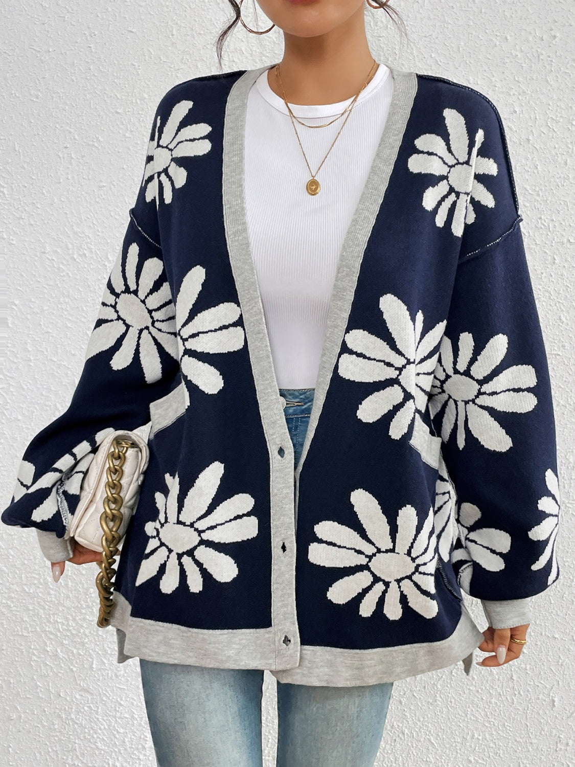 Maataji Contrast Dropped Shoulder Long Sleeve Cardigan
