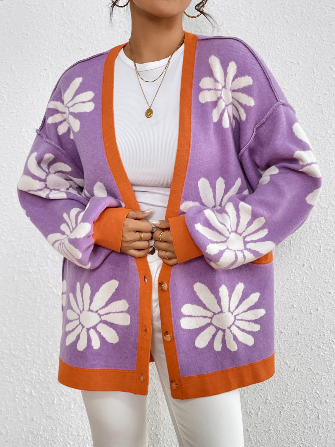Maataji Contrast Dropped Shoulder Long Sleeve Cardigan
