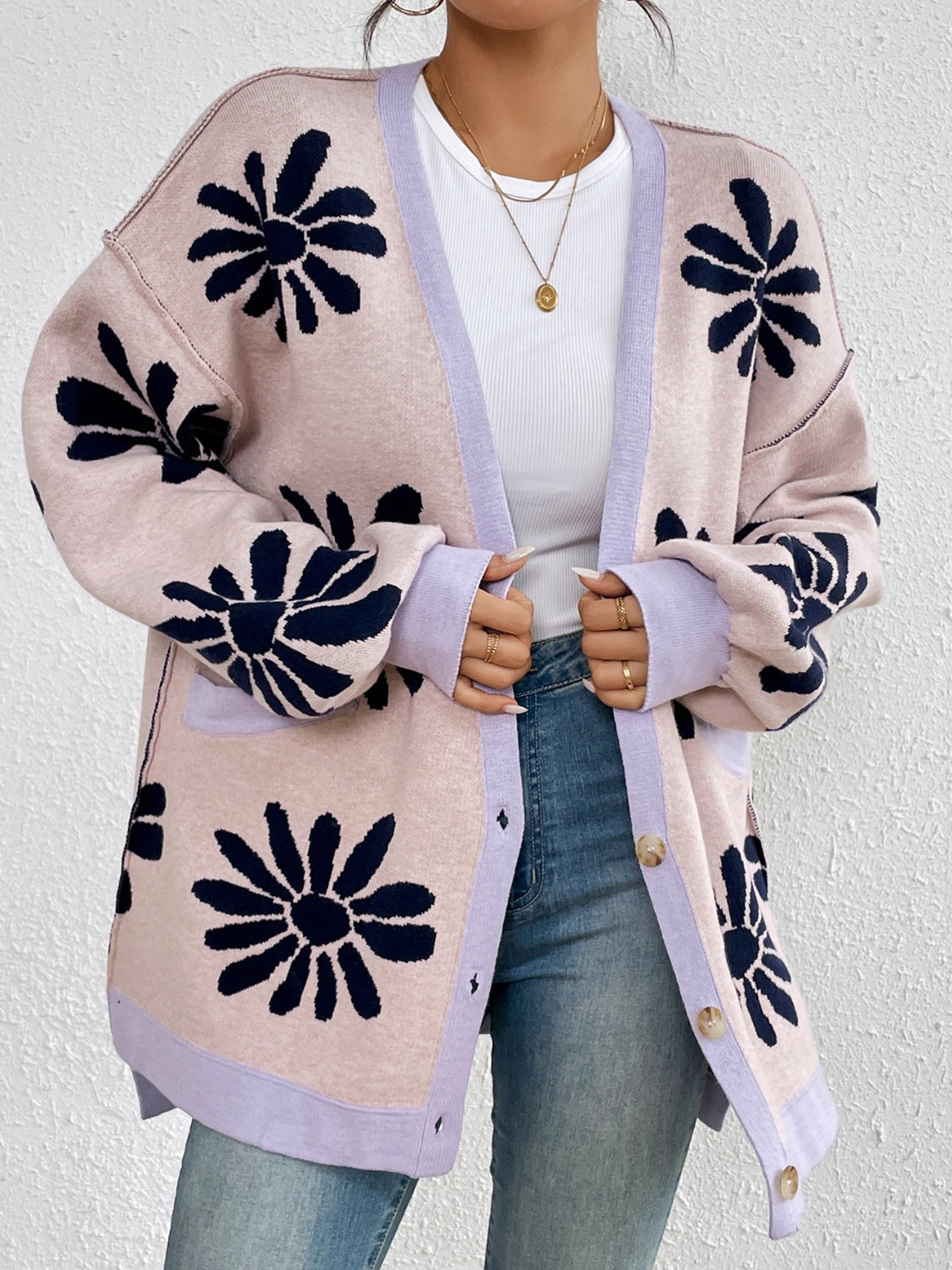 Maataji Contrast Dropped Shoulder Long Sleeve Cardigan