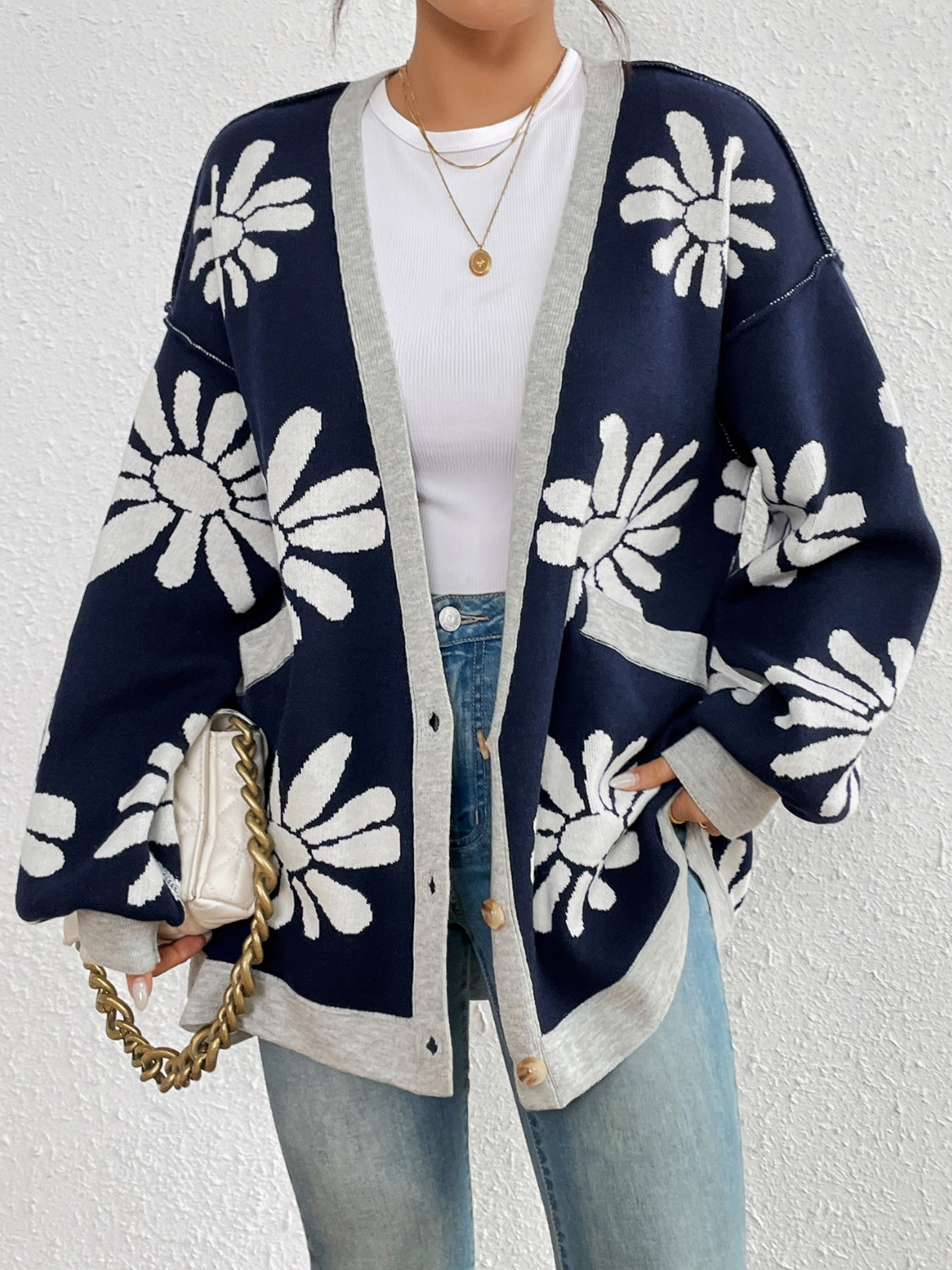 Maataji Contrast Dropped Shoulder Long Sleeve Cardigan