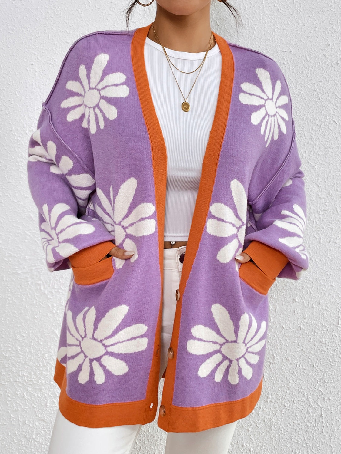 Maataji Contrast Dropped Shoulder Long Sleeve Cardigan