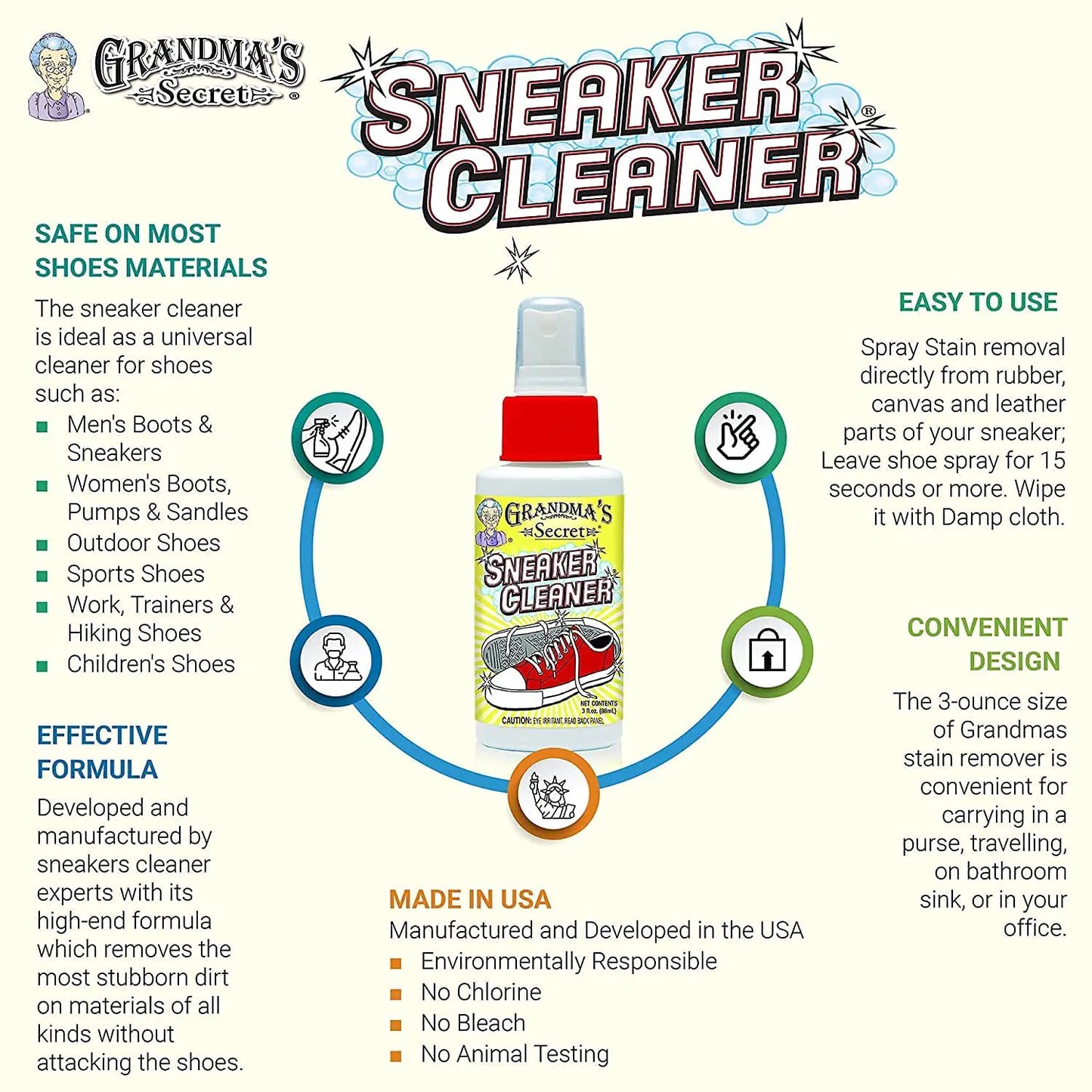 Grandma's Secret Sneaker Cleaner - Shoe Cleaner for Rubber, Canvas and Leather - Stain Remover Spray Removes Dirt, Grime and Grass - Sneakers Cleaner for Outdoor Shoes, Slippers and Moccasins – 16 oz 16.00 Fl Oz (Pack of 3)