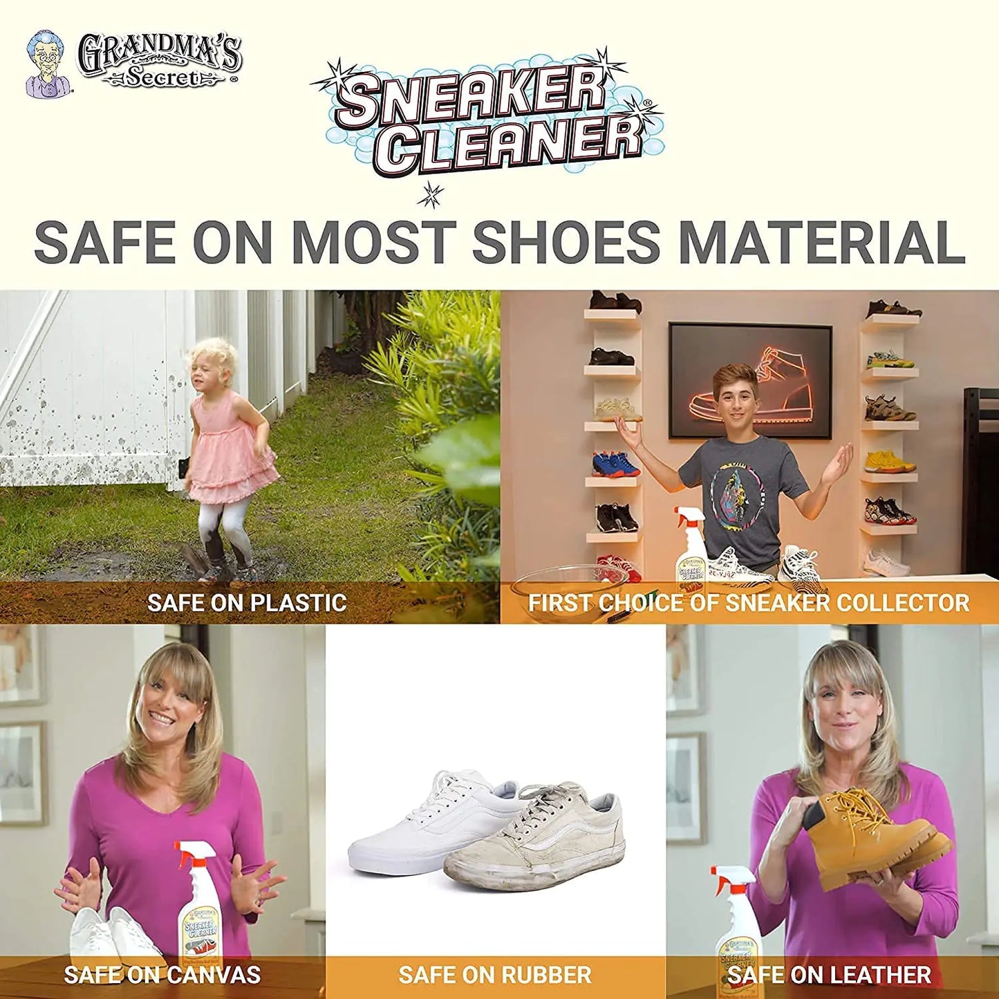 Grandma's Secret Sneaker Cleaner - Shoe Cleaner for Rubber, Canvas and Leather - Stain Remover Spray Removes Dirt, Grime and Grass - Sneakers Cleaner for Outdoor Shoes, Slippers and Moccasins – 16 oz 16.00 Fl Oz (Pack of 3)