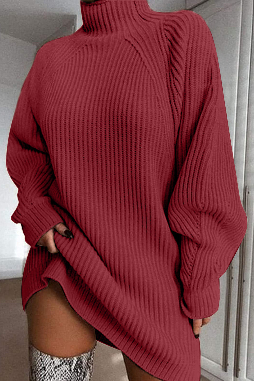 Maataji presents ( Mock Neck Dropped Shoulder Sweater Dress )