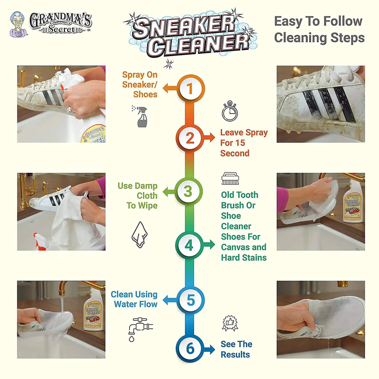 Grandma's Secret Sneaker Cleaner - Shoe Cleaner for Rubber, Canvas and Leather - Stain Remover Spray Removes Dirt, Grime and Grass - Sneakers Cleaner for Outdoor Shoes, Slippers and Moccasins – 16 oz 16.00 Fl Oz (Pack of 3)