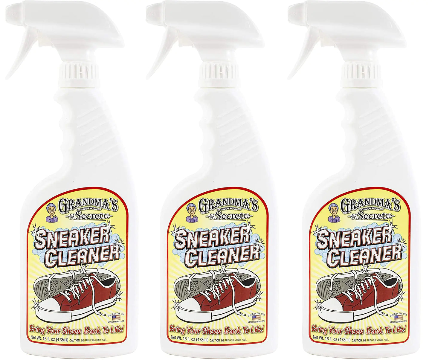 Grandma's Secret Sneaker Cleaner - Shoe Cleaner for Rubber, Canvas and Leather - Stain Remover Spray Removes Dirt, Grime and Grass - Sneakers Cleaner for Outdoor Shoes, Slippers and Moccasins – 16 oz 16.00 Fl Oz (Pack of 3)