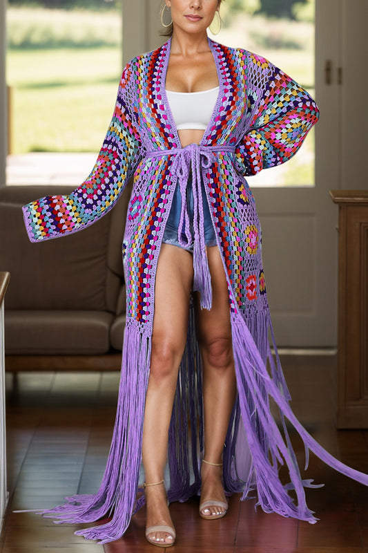 Maataji Fringe Tied Long Sleeve Cardigan