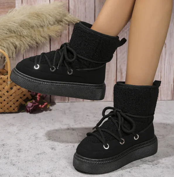 Maataji presents ( Fashion Lace-up Snow Boots Winter Flat Thick-soled Height-enhancing Cotton Shoes For Women Casual Warm Short Boot )