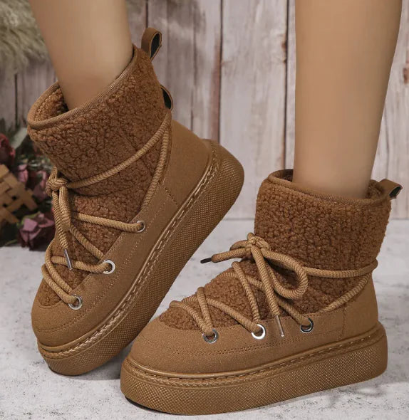 Maataji presents ( Fashion Lace-up Snow Boots Winter Flat Thick-soled Height-enhancing Cotton Shoes For Women Casual Warm Short Boot )